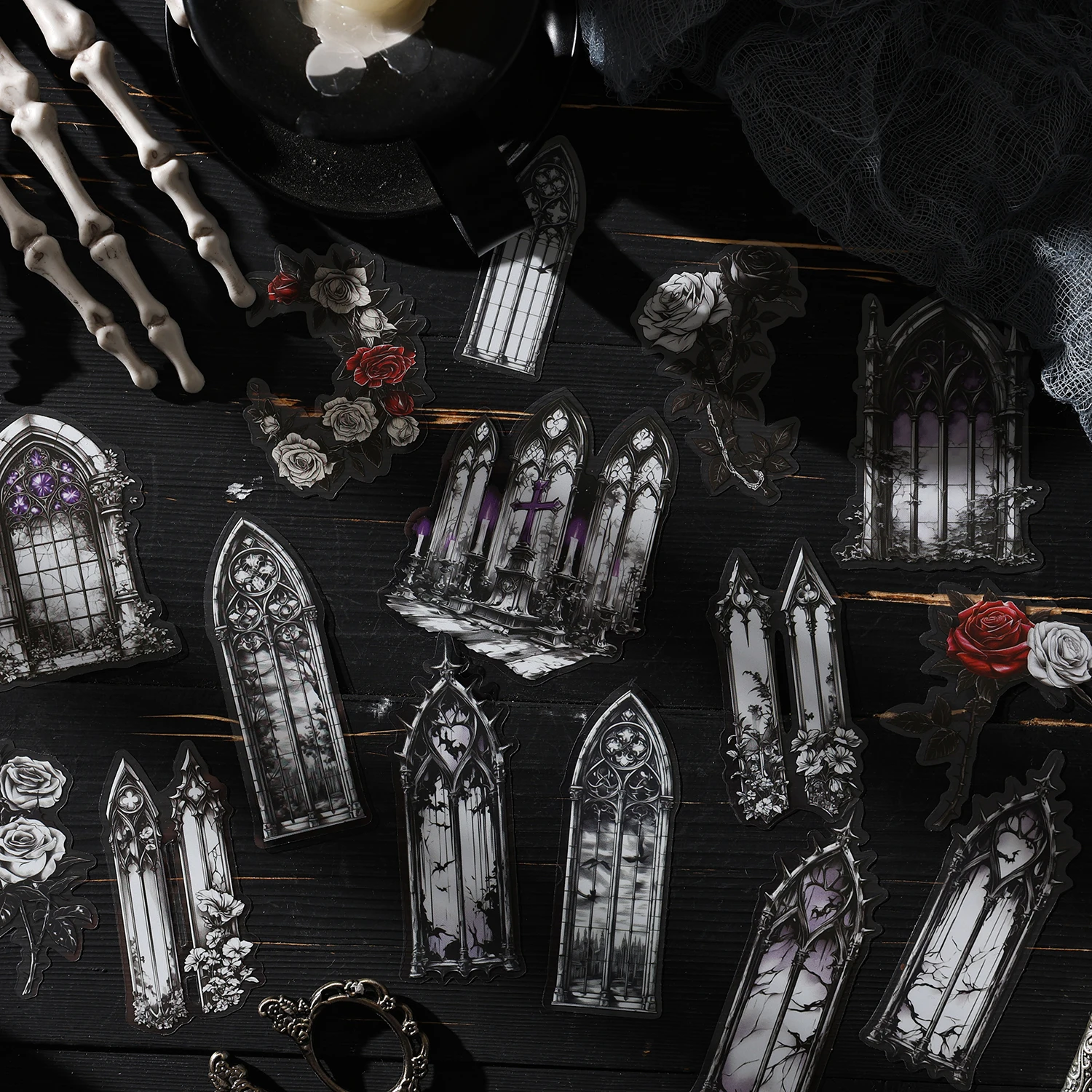 15 Stück Gothic-Themen im dunklen Stil, PET-Material, dekorative Aufkleber, Tagebuch, Album, Scrapbooking-Material, Junk Journal Supplies