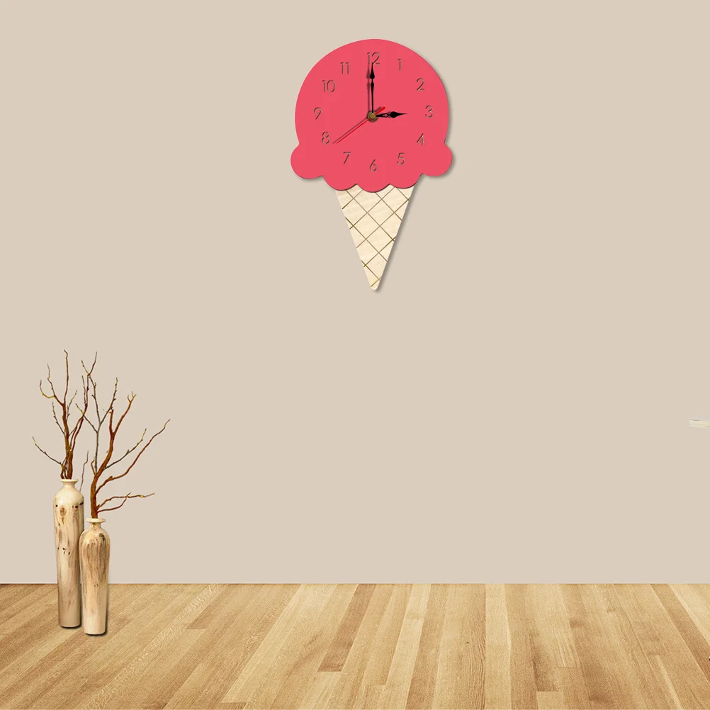

Ice Cream Shaped Wall Clock Acrylic Wooden Hanging Clock for Living Room Bedroom Office Home Decor Kids Room Kitchen Pink