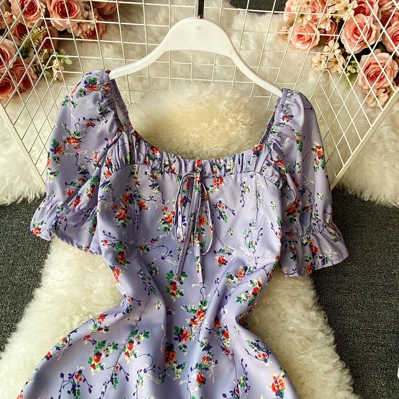 보라색 꽃 프린트 짧은 드레스 여성 여름 부드러운 빈티지 첫사랑 티 브레이크 민들레 드레스 스퀘어 칼라 a 라인 스커트