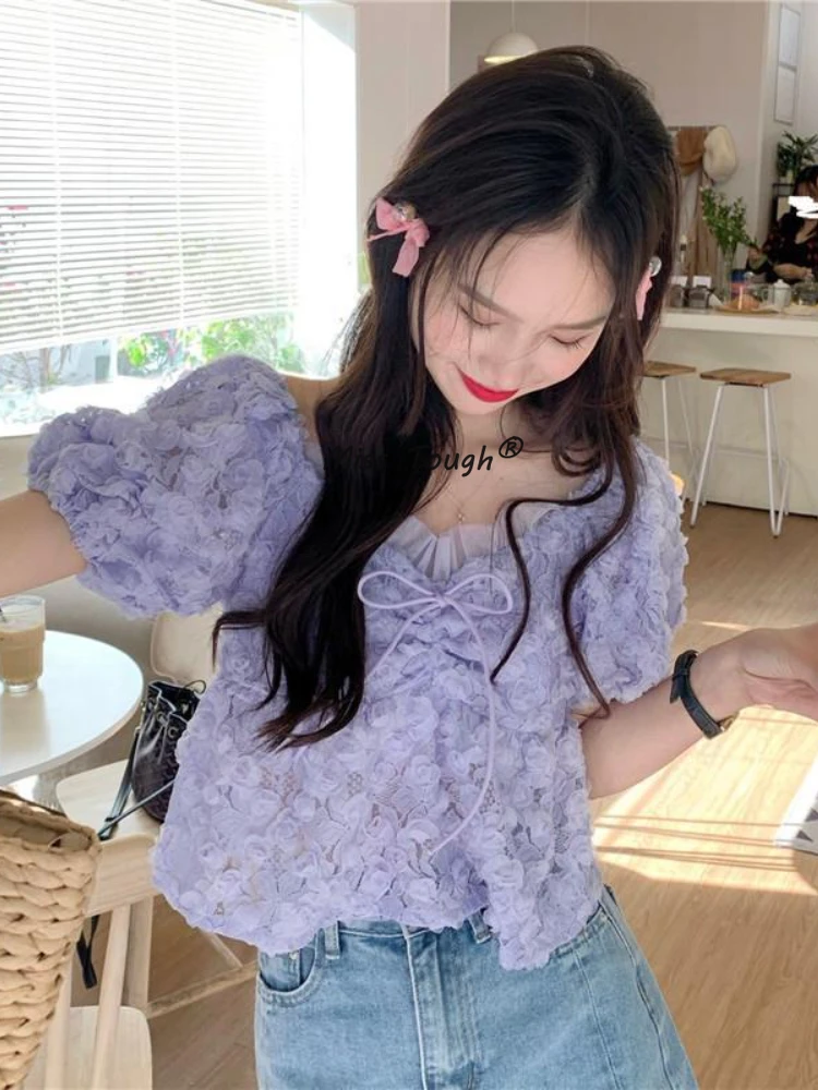 Elegant Sweet Kawaii Blouse Summer France Chic Cute Blouse Female Holiday Korean Style Puff Sleeve Fashion Tops Casual 2022 New