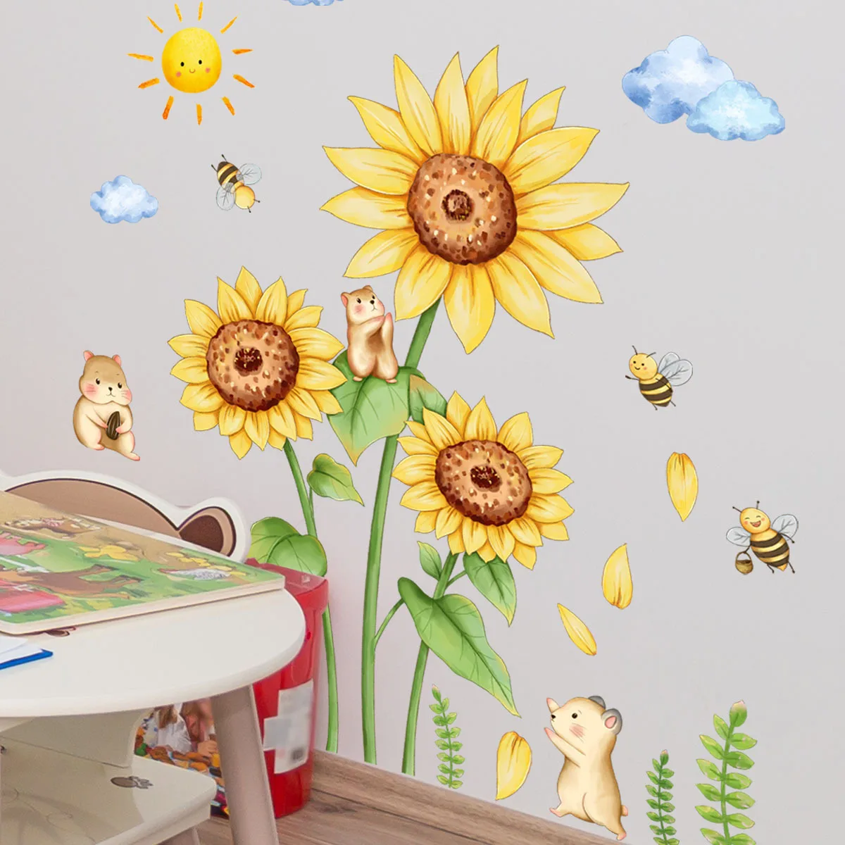 

3030*90cm Flower Sunflower Bee Wall Sticker Background Wall Living Room Bedroom Study Restaurant Decoration Mural Wall Sticker