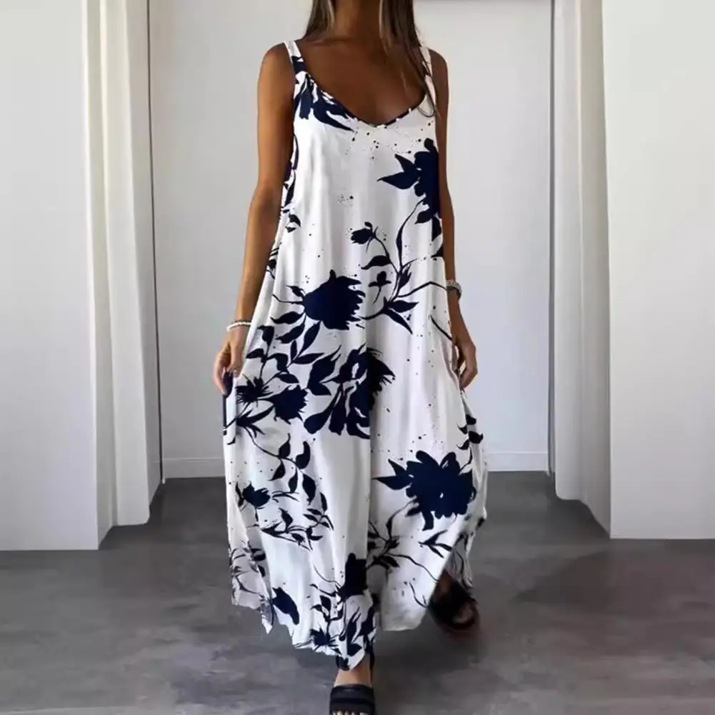 

Floral Dress Floral Print V Neck Maxi Dress for Women Backless Vacation Beach Style Sundress Loose Contrast Color Long Dress