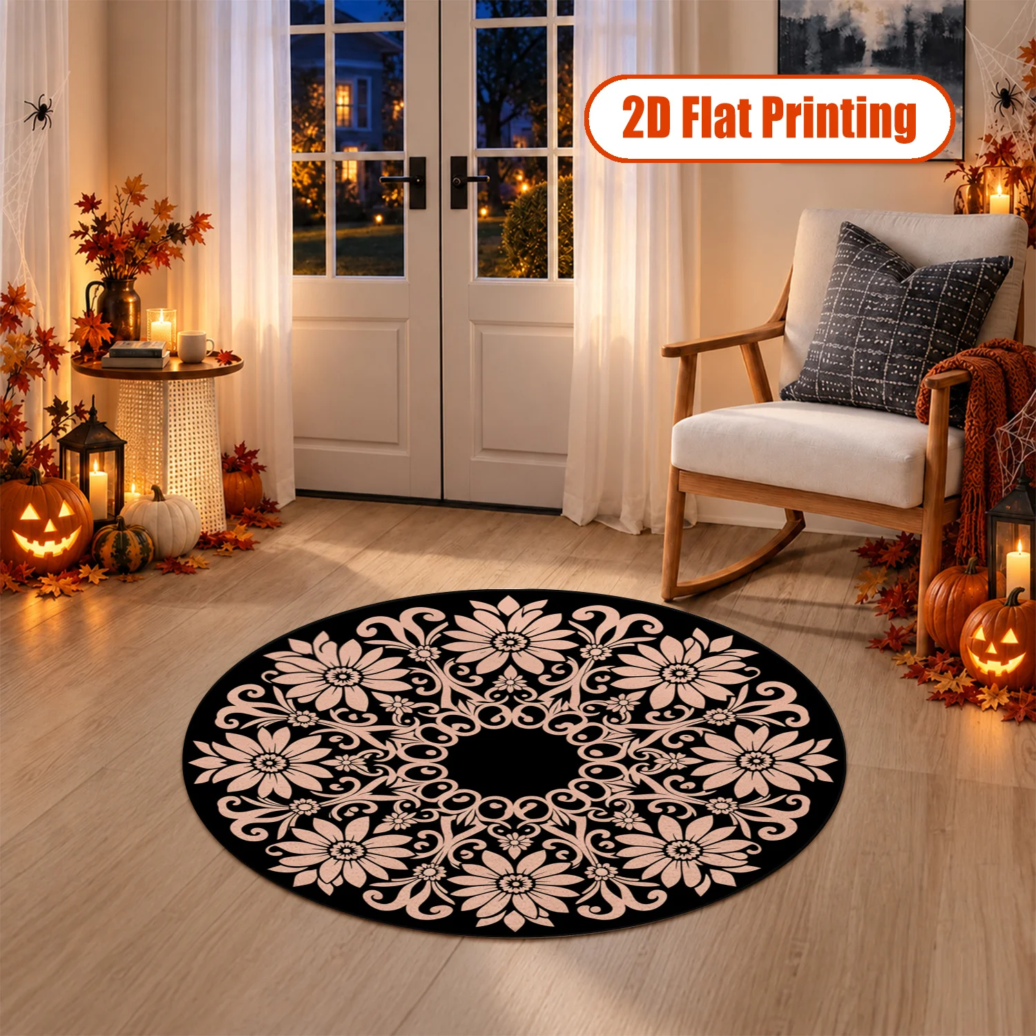 Floral Mandala Pattern Round Rug, Soft Velvet Material, Machine Washable, Suitable for Living Room, Bedroom, Dining Area, Entryway, Ideal for Halloween, Thanksgiving, Christmas, New Year, Black Friday, Cyber Monday Decor