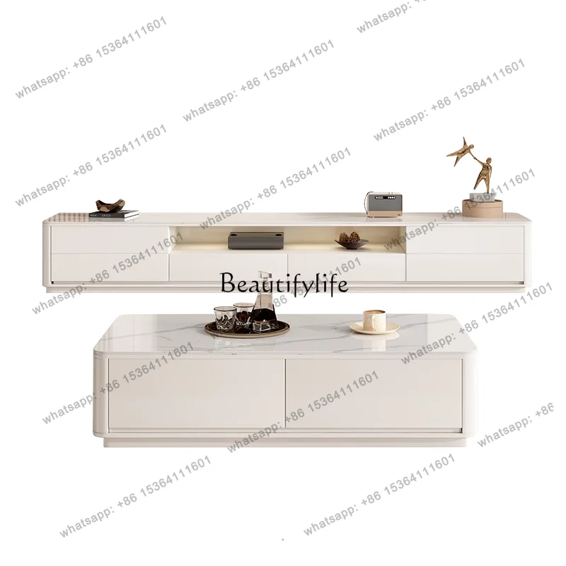 D30Milk white solid wood rock panel TV cabinet coffee table living room floor combination household floor cabinet