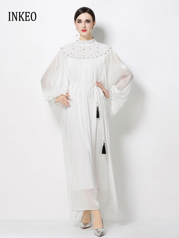 

Luxury rhinestone long dress for women 2026 New collection Loose Long sleeve mesh patchwork dresses Fashion Lady INKEO 6D038
