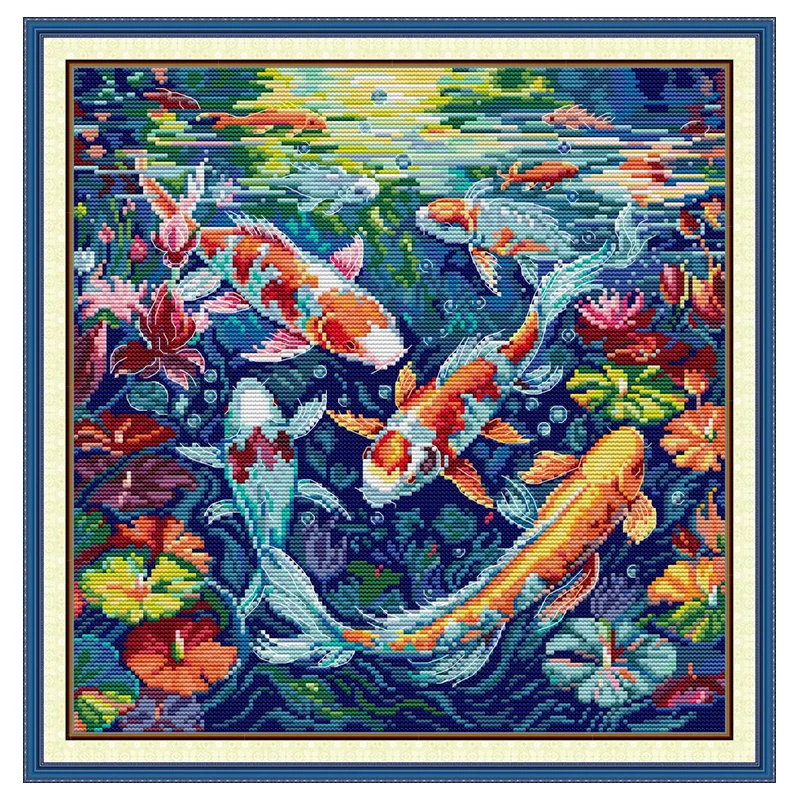 Koi Carp Patterns Counted Cross Stitch Set DIY 11CT 14CT 16CT Stamped DMC Cross-stitch Kit Embroidery Needlework Home Decor