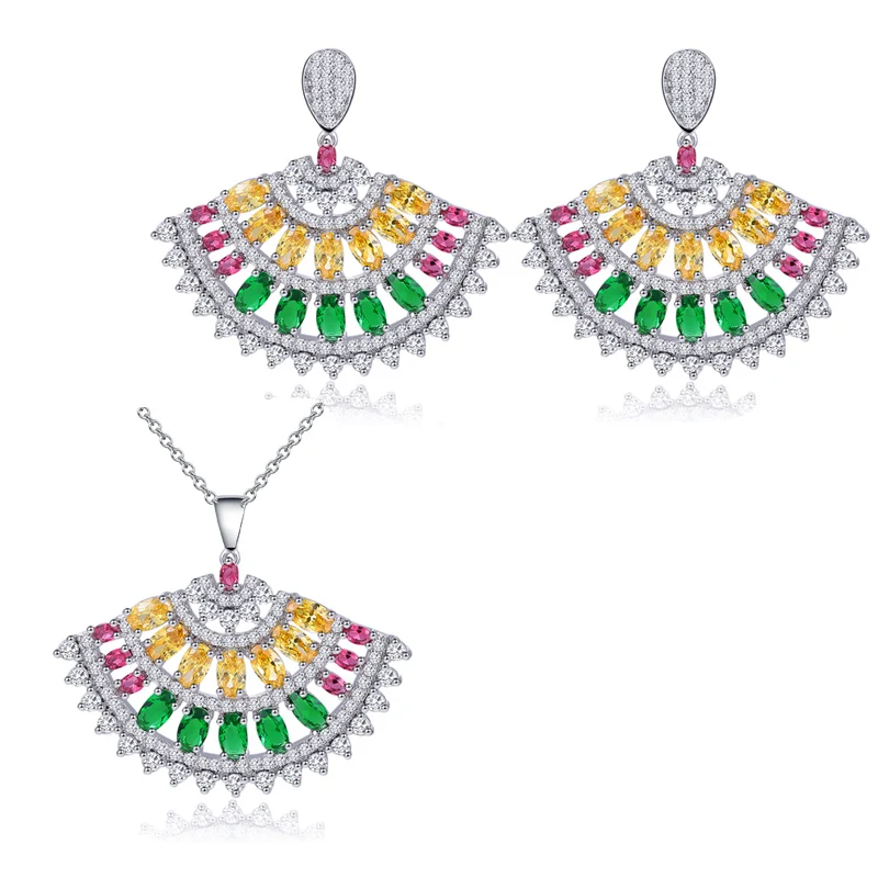 ThreeGraces Elegant Colorful Zirconia Fan Shaped Pendant Necklace and Earrings Engagement Party Jewelry Set for Women TZ942