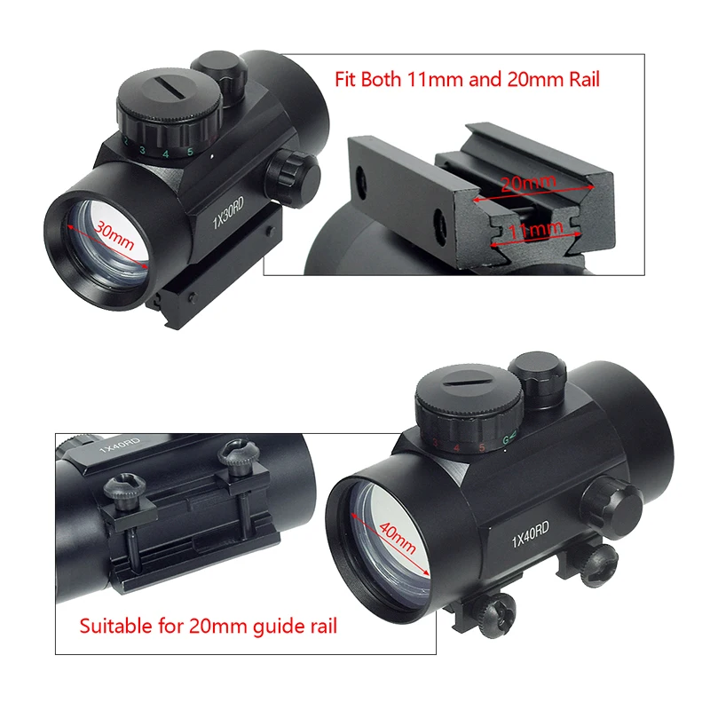 1x30 1x40 Holographic Red Green Dot Scope Sight Single-Tube Adjustable Telescope Tactical Riflescope 1 inch Riser Mount 11/20mm - view 2