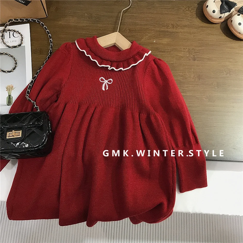 

Осенне-зимнее рождественское детское платье для девочек с красным бантом, детское платье принцессы для маленьких девочек, утепленное теплое платье с рюшами для маленьких девочек