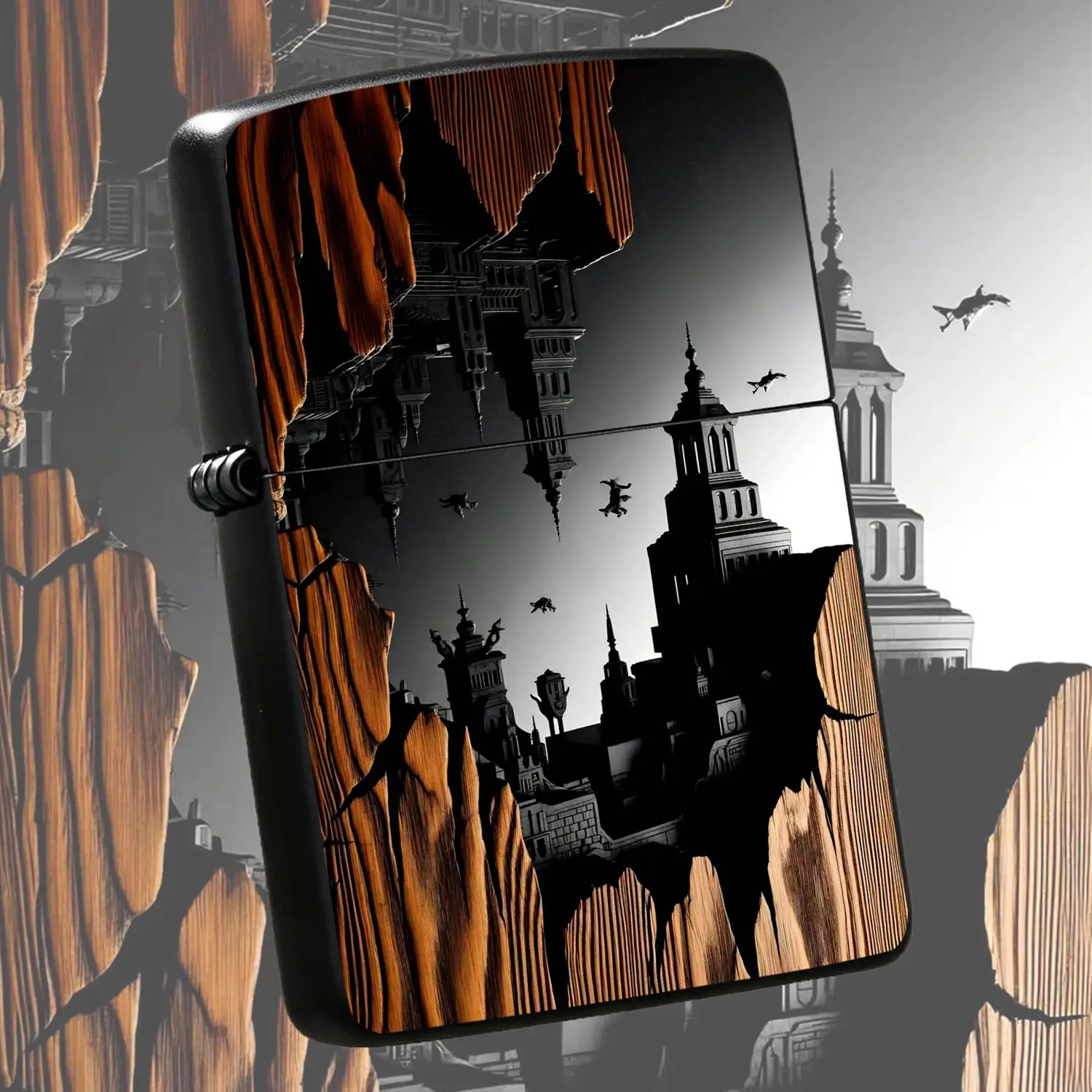 Creative Wood-Carving Style Inverted Twin Cities Fantasy Decor, Retro Dark Suspended City Pattern Portable Accessory, Trendy Niche Daily Gifting Item, Exquisite Artistic Portable Piece Suitable For All Scenarios A Humorous And Interesting L
