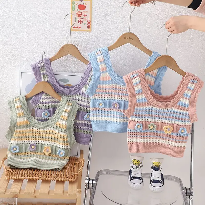Kids Girls Cute Knitted Vest 2024 New Arrival Children Autumn Winter Clothing Baby Girls Applique Sweaters Korean Japanese Style image 2