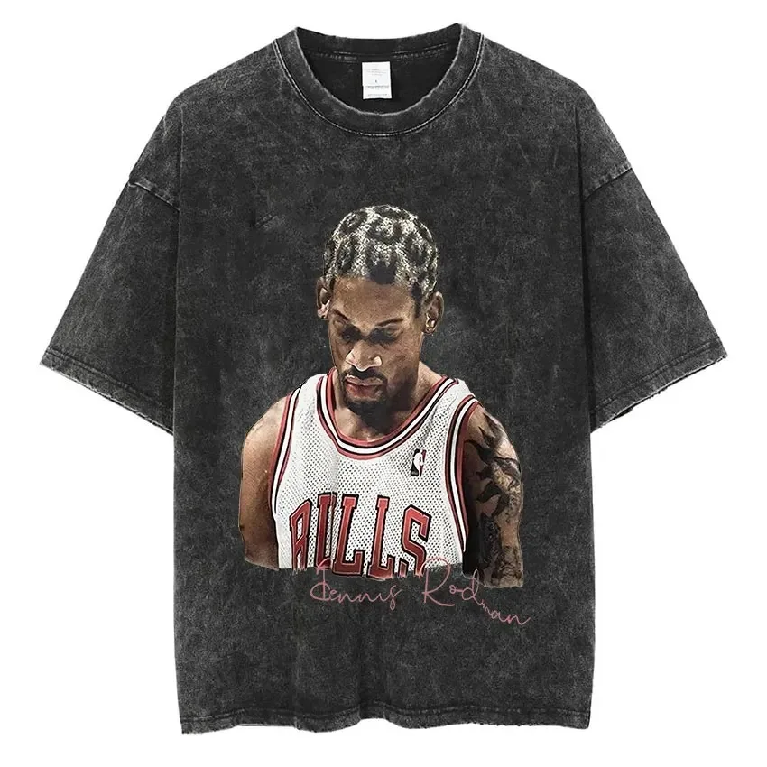 Dennis Rodman Basketball Graphic T Shirt Men's Vintage Washed Short Sleeve T-shirts Men Men Hip Hop Oversized T-Shirt Streetwear