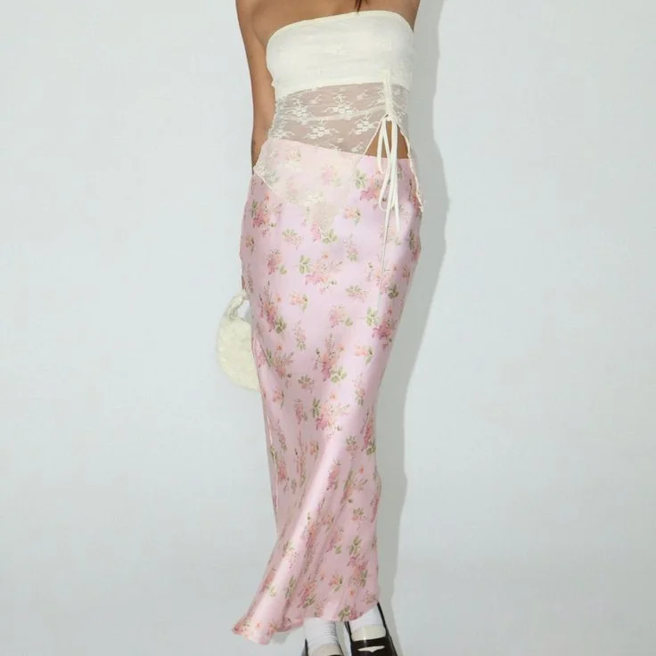 2026 New Satin Printed Rear Slit High-end Drape Midi Skirt for Women