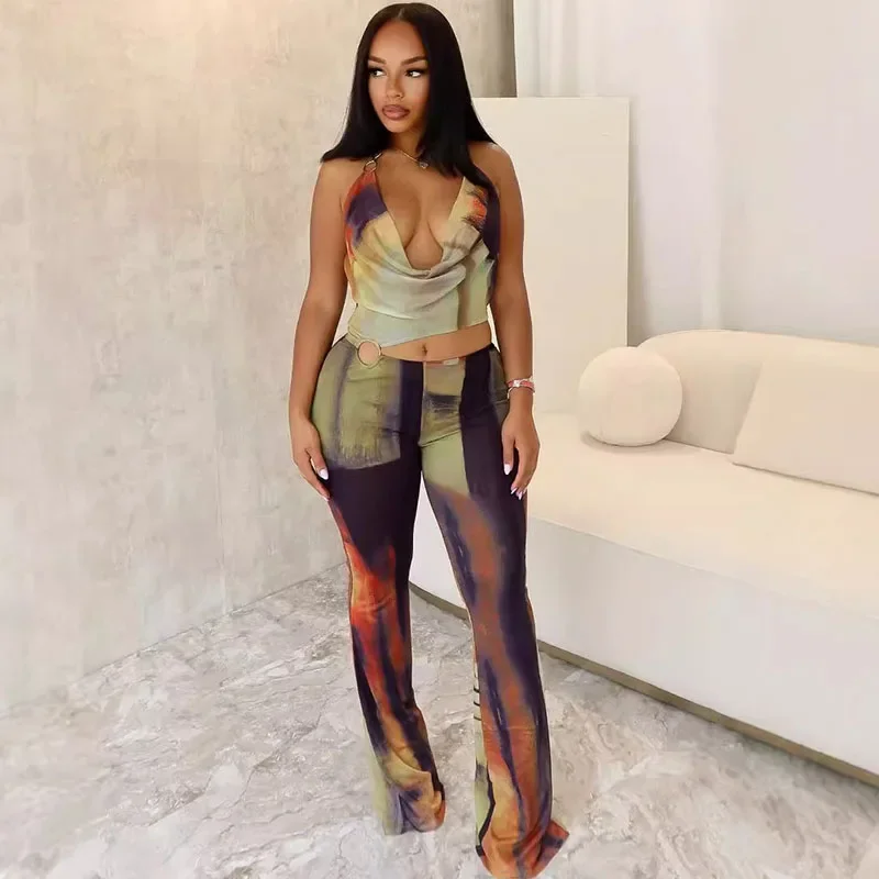 

Sexy Mesh Sheer One Piece Jumpsuit Women Backless Halter V-neck Print Metal Ring Party Rompers Night Club Overalls Sleeveless