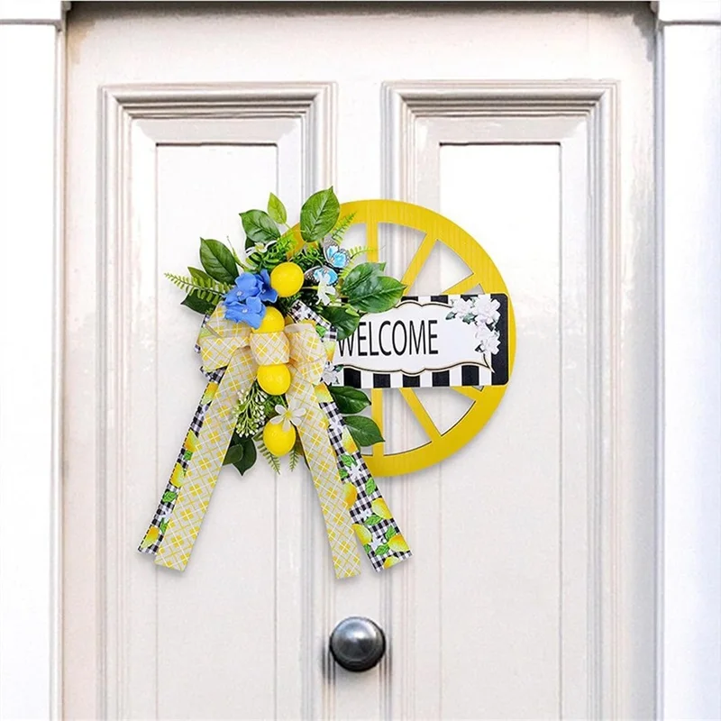 Wagon Wheel Wreath Artificial Flower Leaf Lemon Bowknot Garland Home Front Door Decorations