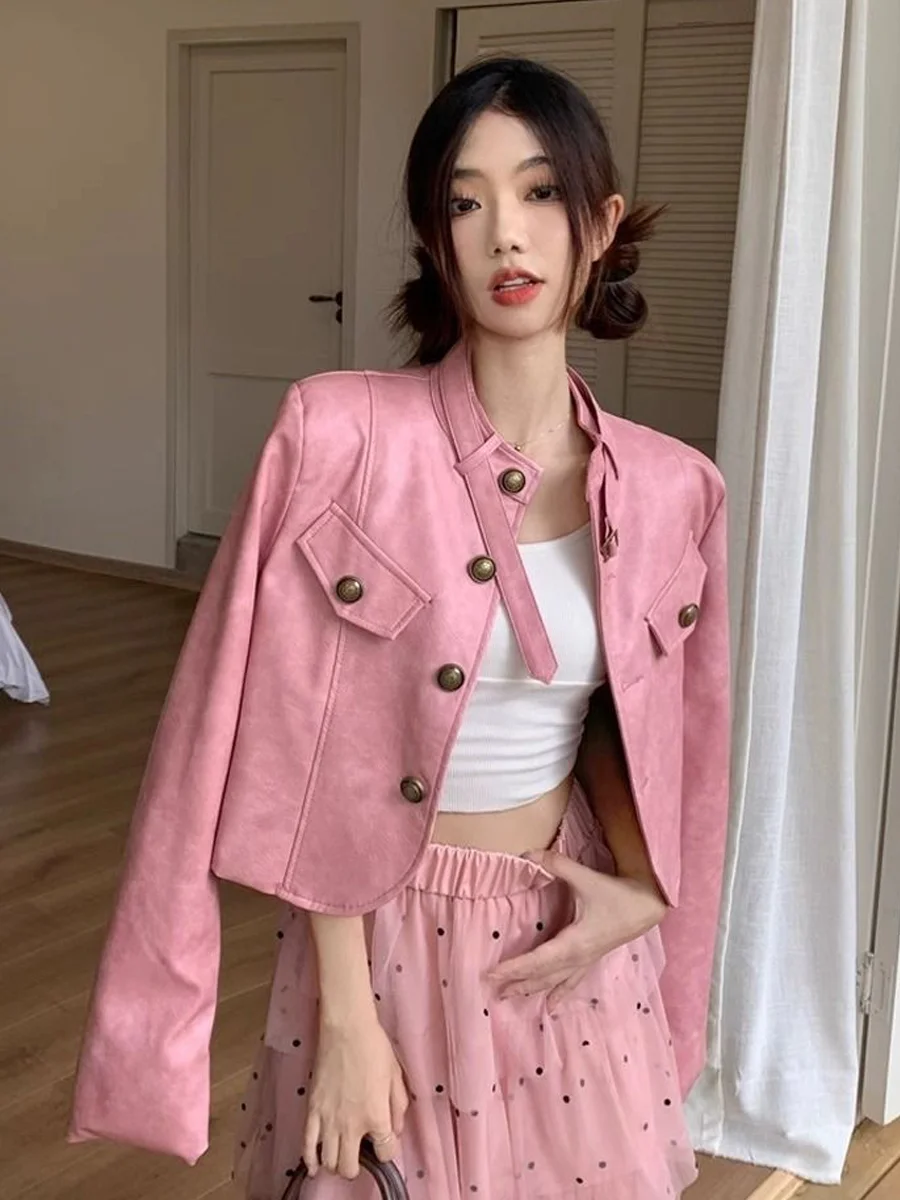 

Американская ретро-куртка из искусственной кожи в стиле Sweet Spicy для женщин, свободного кроя, розовая, универсальная, мотоциклетная, для повседневной носки