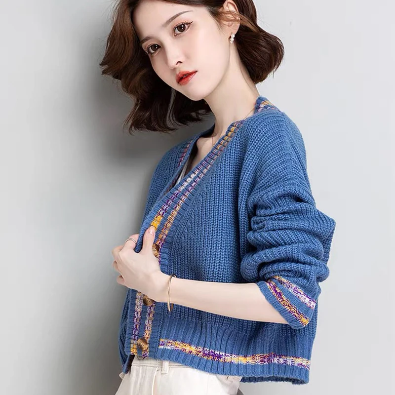 

Colorblock V-neck Women Sweater Cardigan Short Casual Versatile Korean Fashion Jackets Long Sleeve Top Autumn Knitted Outer