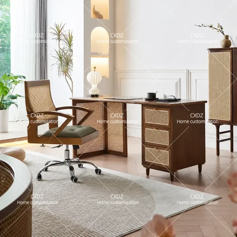 Nordic Solid Wood Desk with Rattan Design Multifunctional Computer Table for Living Room Bedroom Student Study Home Office