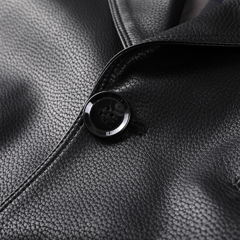 Fashion Medium Length Fleece Leather Jacket PU Men's Winter Thick Single Breasted Suit Collar Middle Aged Male Outerwear Tops