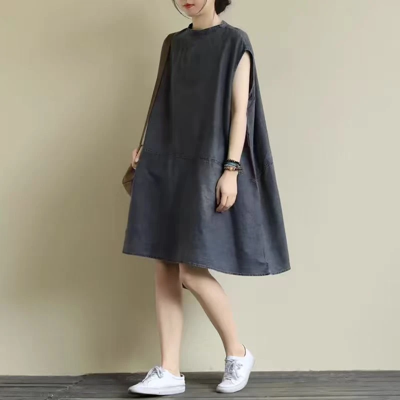 فستان فضفاض من قماش الدنيم المغسول بمقاس كبير، ملابس صيفية بوهو فنية لملابسها غير الرسمية على الشاطئ والسفر والمريحة