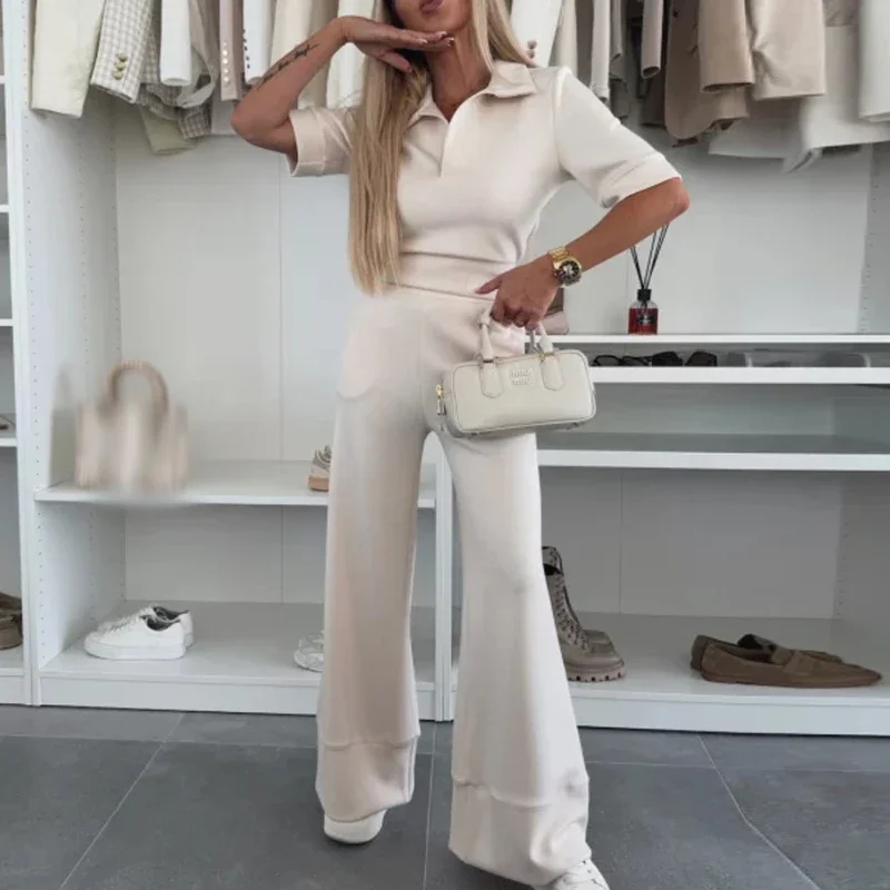 

Женский модный топ-поло с короткими рукавами и брюки с высокой талией, костюм High Street, однотонный комплект из 2 предметов, элегантный женский простой комплект