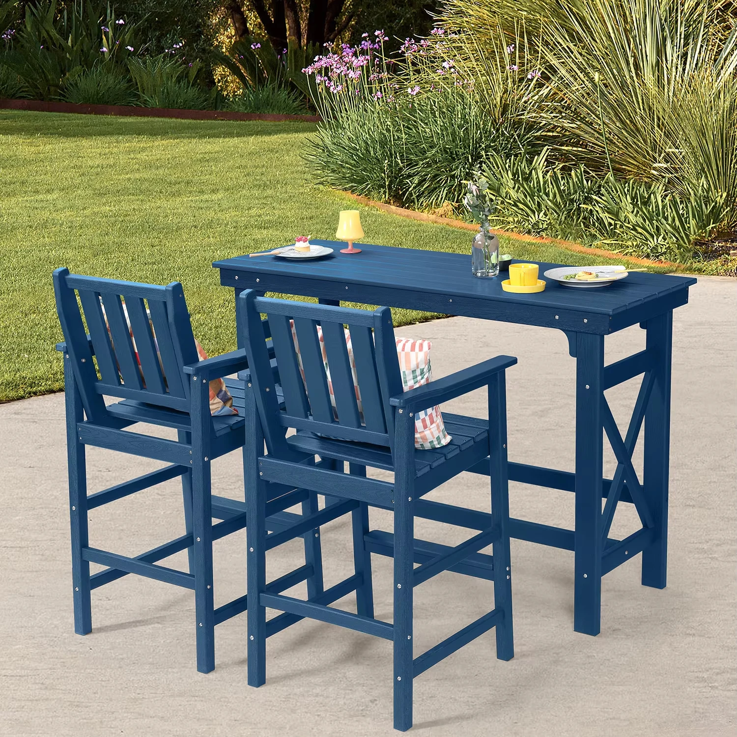 

Long HDPE Bar Table Set 60" Quick Drain Footrest Stools 2 Boxes Only for Outdoor Dining Hotel Cafe Tea House Pub