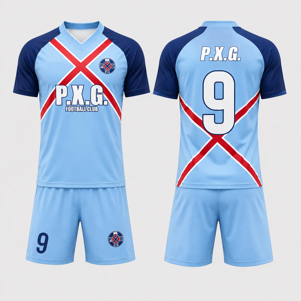 P.X.G Football Club Soccer Jersey Set Men 2‑Piece Short Sleeve Football Uniform Jersey And Shorts Number 9 Print Breathable