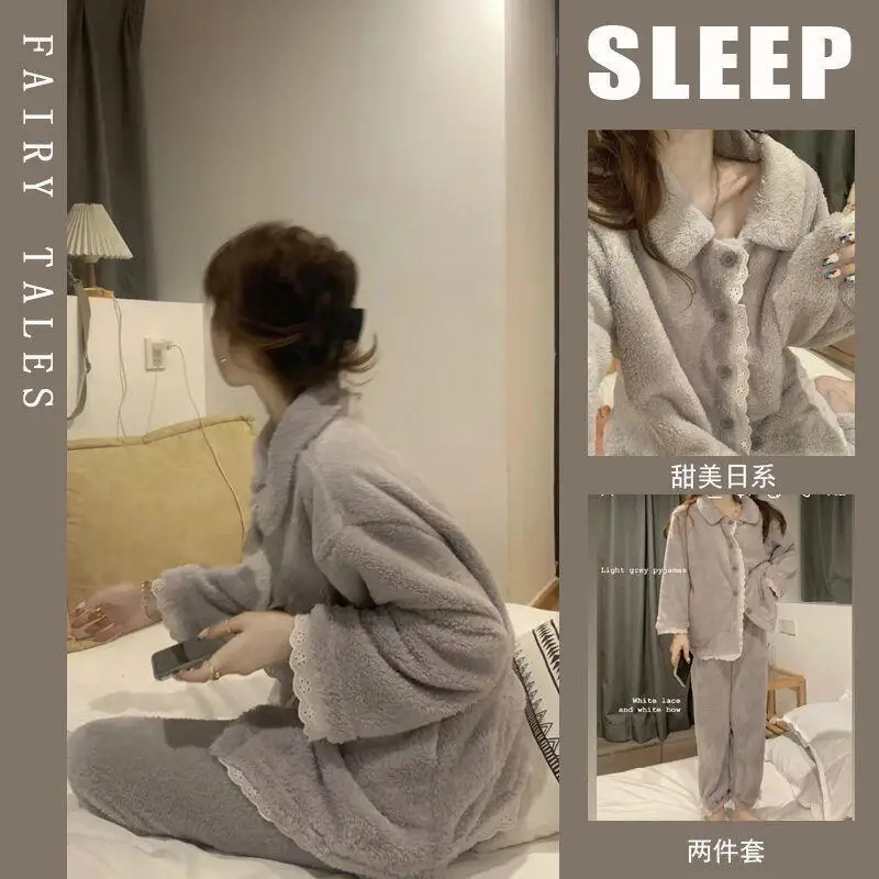طقم بيجامة ملابس نسائية ملابس منزلية بأكمام طويلة طقم مكون من قطعتين للخريف والشتاء موضة سميكة ومريحة حلوة #1