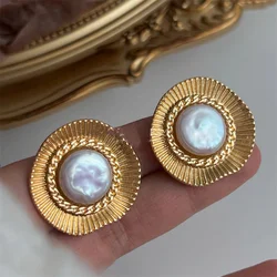 XIALUOKE Vintage Style Texture Metal Simulated Pearl Stud Earrings For Female Girl Party Wedding Jewelry Gift Accessories