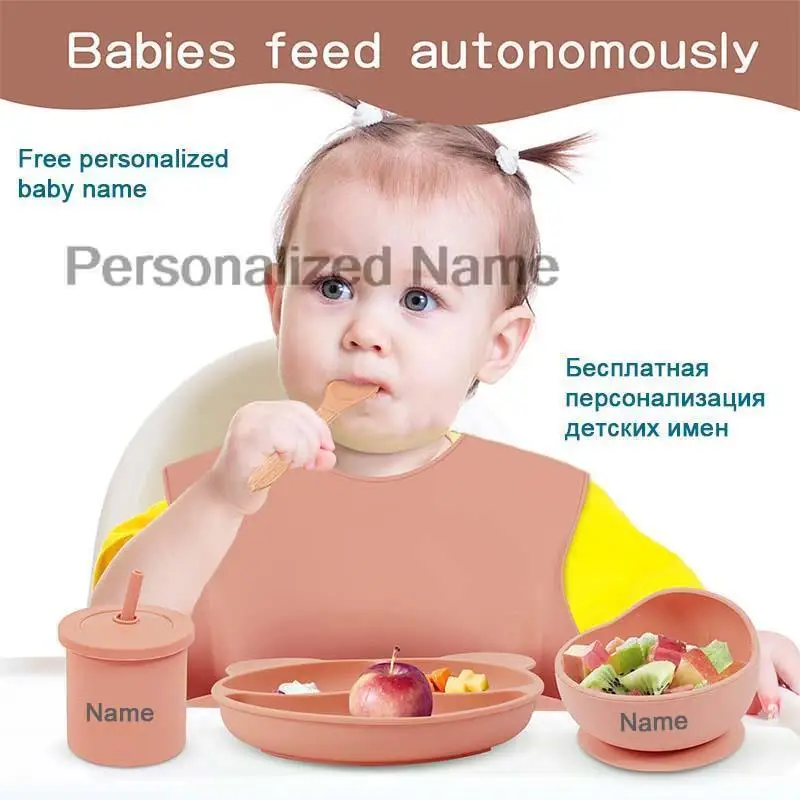 Silicone Sucker Bowl Plate Cup Bibs Spoon Fork Sets Personalized Name Children\'s Feeding Dishes Silicone Tableware Set For Kids