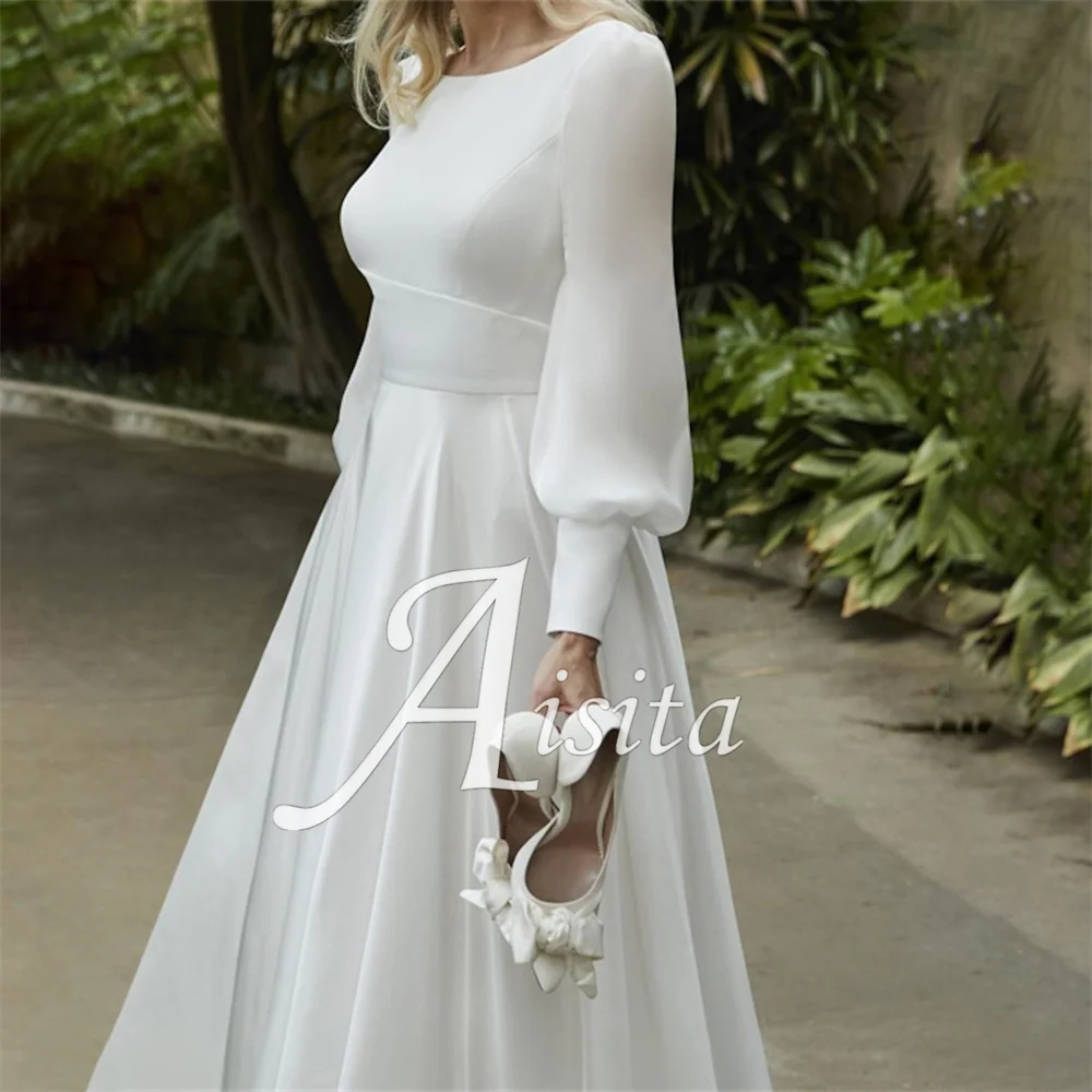 customized A-Line Wedding Dress Scoop Neck Long Sleeve Chiffon Vintage Open Back Bride Dresses Wedding Dresses Vestidos Dresses