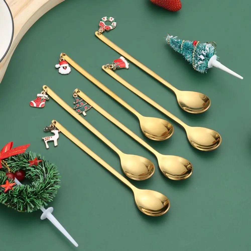 Stainless Steel Christmas Spoon Set Elk Pendant Creative Tableware Tea Spoon Exquisite Craft Party Ornament Style Dessert Spoon