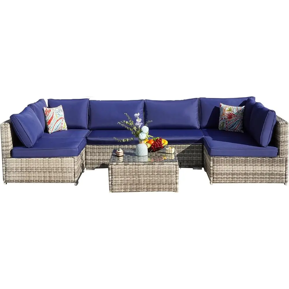 

7-Piece Outdoor Sectional Sofa Set with Cushions, Glass Coffee Table, Ideal for Garden, Poolside, Backyard, Porch - Grey/Navy Bl
