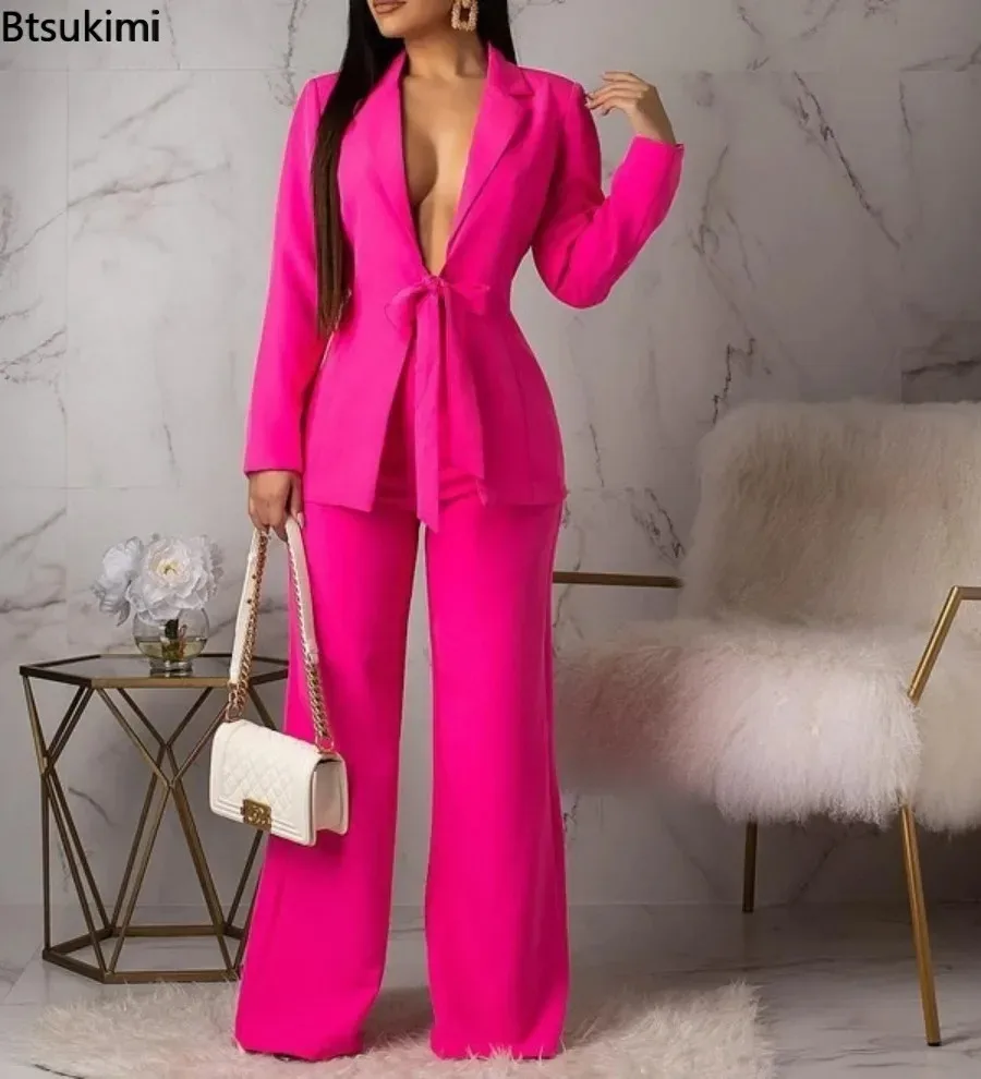 New 2026 Women's Formal Business Suit Office Wear 2-piece Set Blazer Pants Sets Professional Woman Matching Sets with Waist Tied