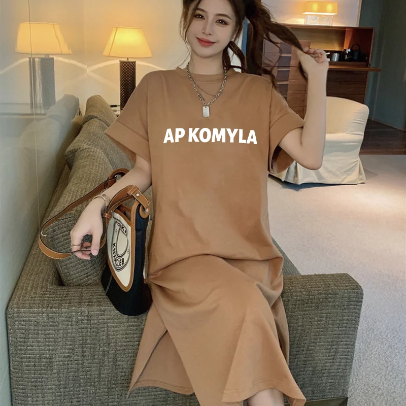 

AP KOMYLA Letter Print T Shirt Dress Women Oversized Casual Long Tshirt Dresses Loose Side Split Homewear Loungewear for Ladies
