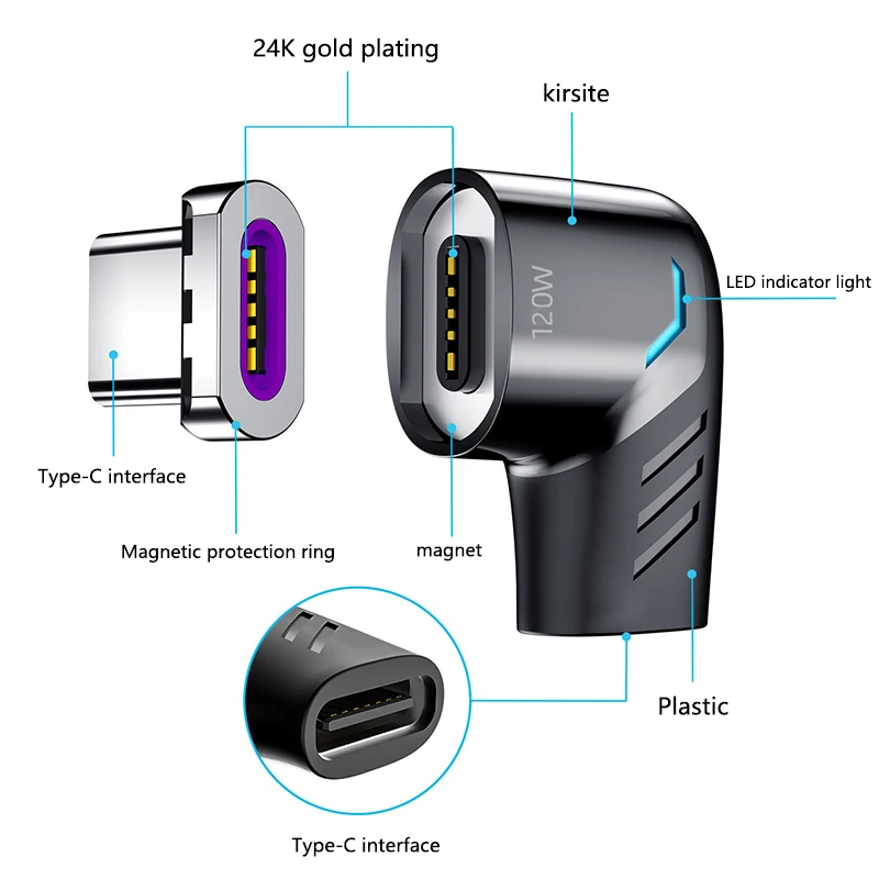

1Pc 120W Usb C To Type C Magnetic Adapter Fast Charging Usb Type C Magnet Converter Magnetic Cable Right Angle Usbc Connector