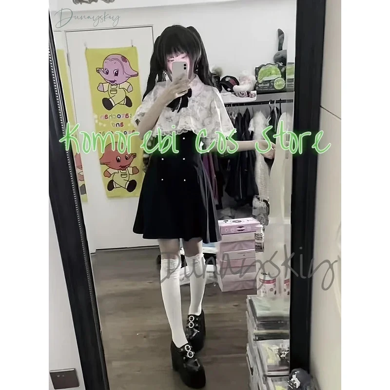 

asdh8@2025 Kawii Bow Black Skirts Jirai kei Outfit Cloak Dress Lolita Women Sleeve Shirt Y2K Sweet Japanese Cosplay Maid Costu
