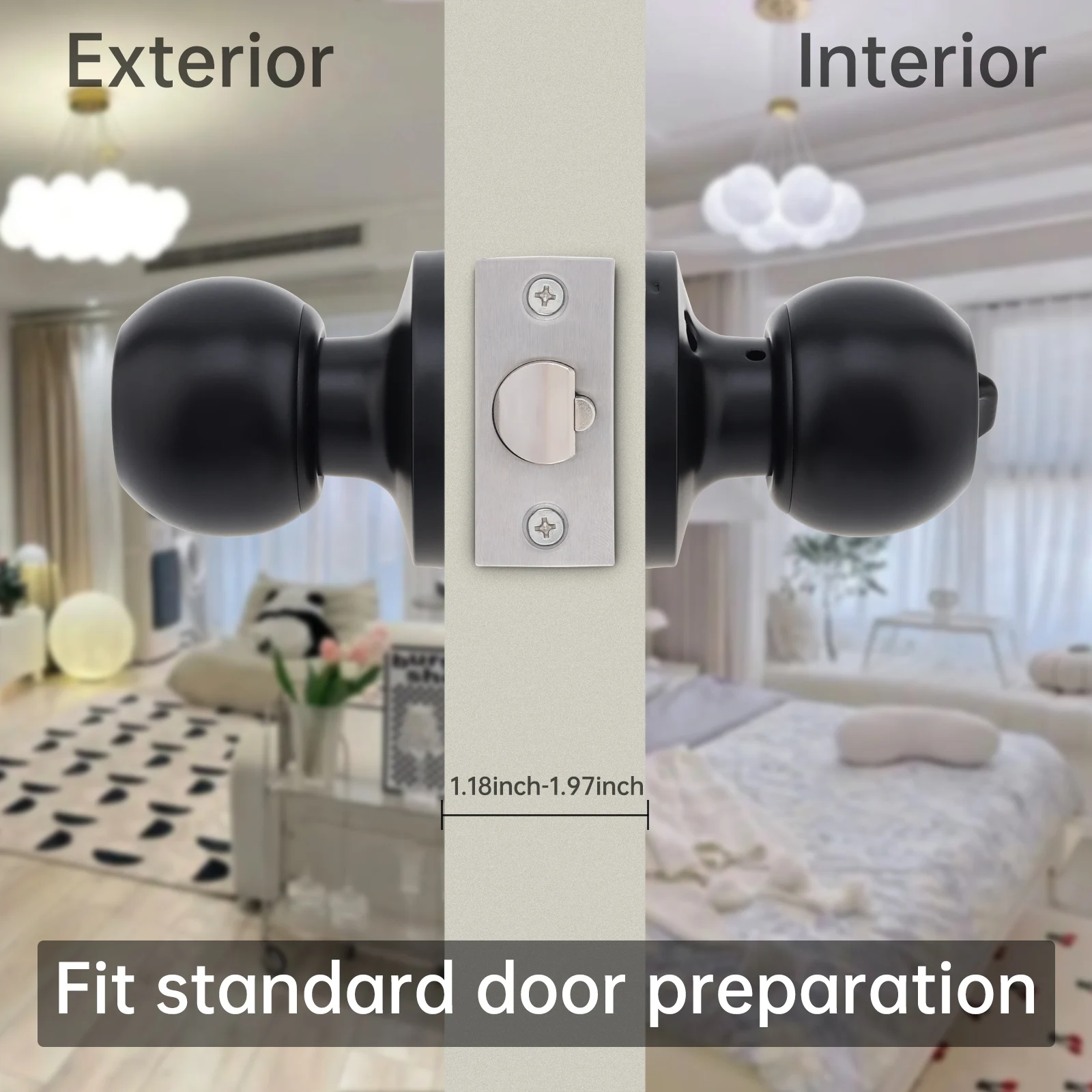 Imagem -03 - Maçaneta Fechaduras Interior e Exterior Porta Redonda Espessura de 181 97 in Fechadura da Porta de Madeira com Chave Pcs Aço Inoxidável Preto