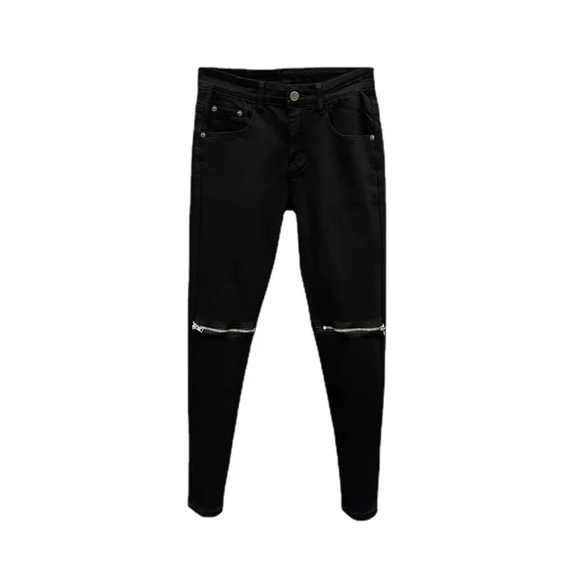 New Arrival Fashion Luxury Designer Men\'s Korea Tight Skinny Jeans with Knee Zipper Designer Black Cowboy Streetwear Punk Pants