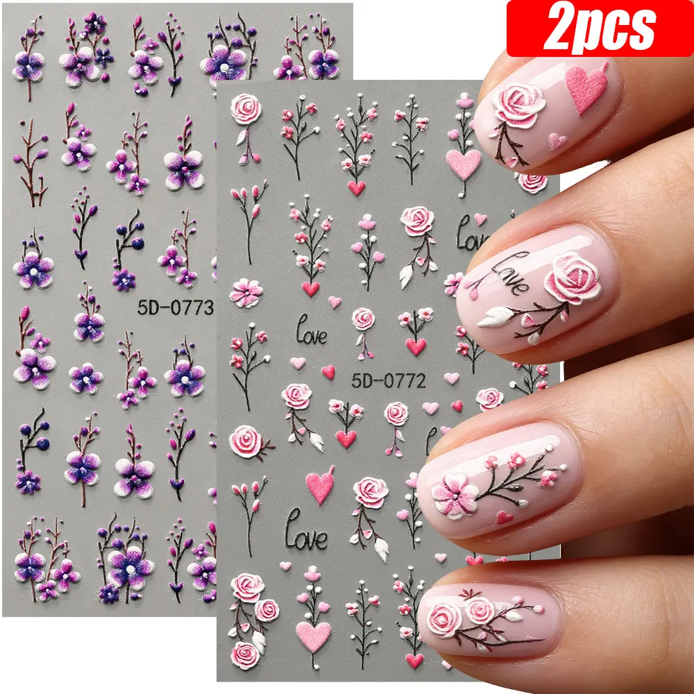 

1/2 шт. 5D Элегантные наклейки для ногтей с фиолетовыми и розовыми розами, весенне-летние цветочные наклейки для ногтей, самоклеящиеся декоративные элементы в виде лепестков