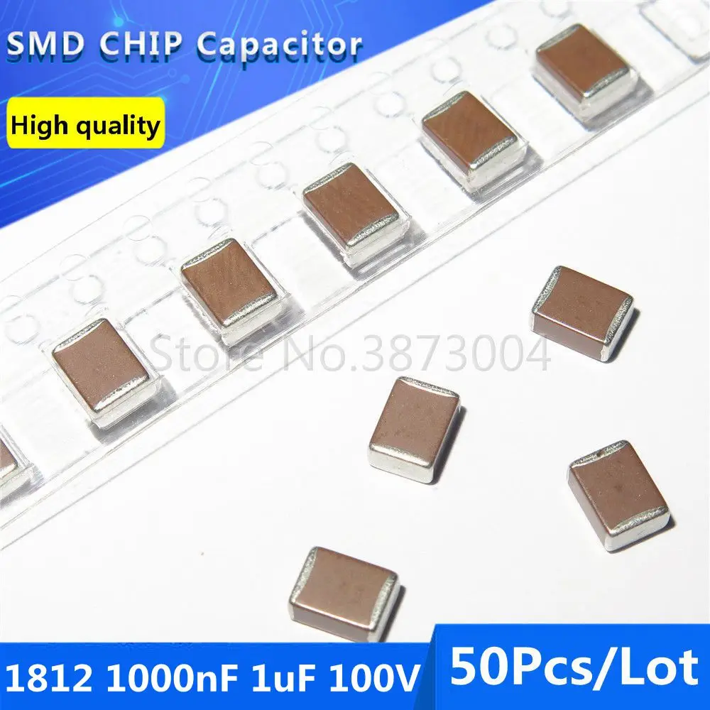 50pcs 1812 1000nF 1uF 100V 10% Thick Film Chip Multilayer Ceramic Capacitor