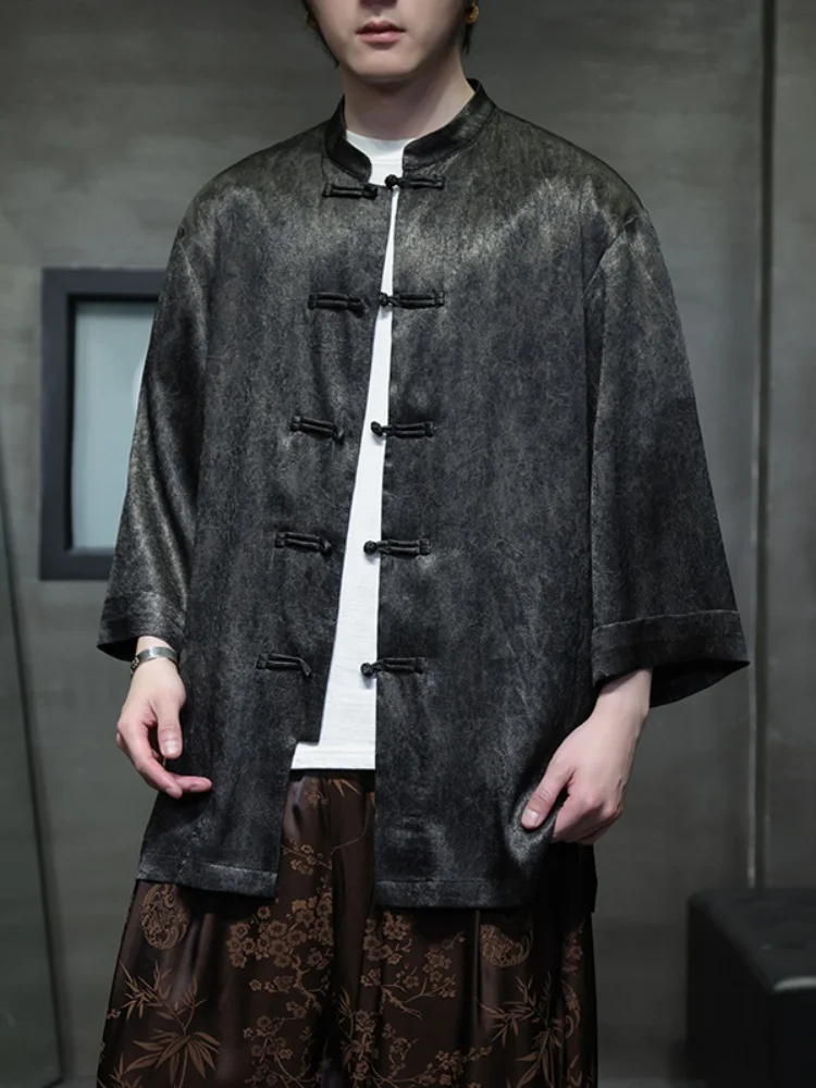 

New Chinese Sle Ice Silk irt Men's ort Sve Thin Summer Faion Ci Loose Fit Button up Cotton Linen Seven-Quarter S...