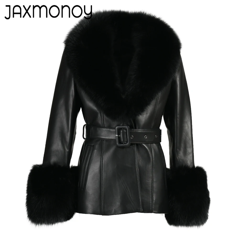 Jaxmonoy-casaco de pele de carneiro com cinto para mulheres, jaqueta de couro real, punhos de pele de raposa para senhoras, casacos da moda, primavera e outono