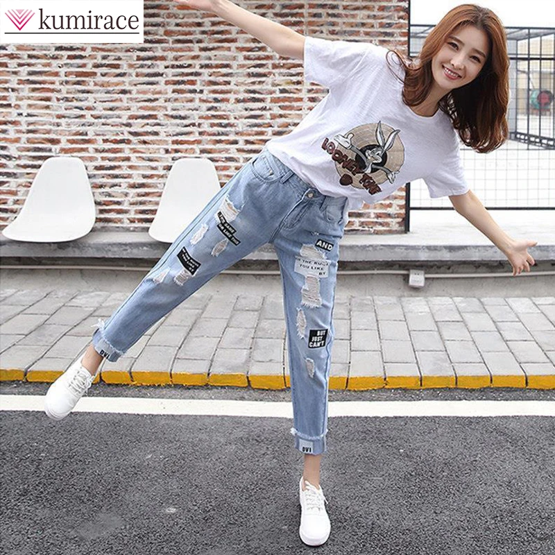 Summer New Ripped Jeans Casual Sportswear Elegant Women\'s Suit Lovely Printed T-shirt Loose Capri Jeans Two-piece Outdoor Suit