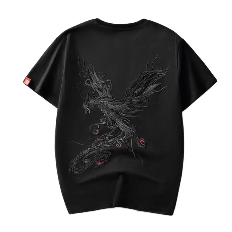 2024 Summer Cotton Trend Oversize Short Sleeve T-Shirt Men\'s National Chinese Style Tshirt Men\'S Phoenix Embroidery Top Tee New