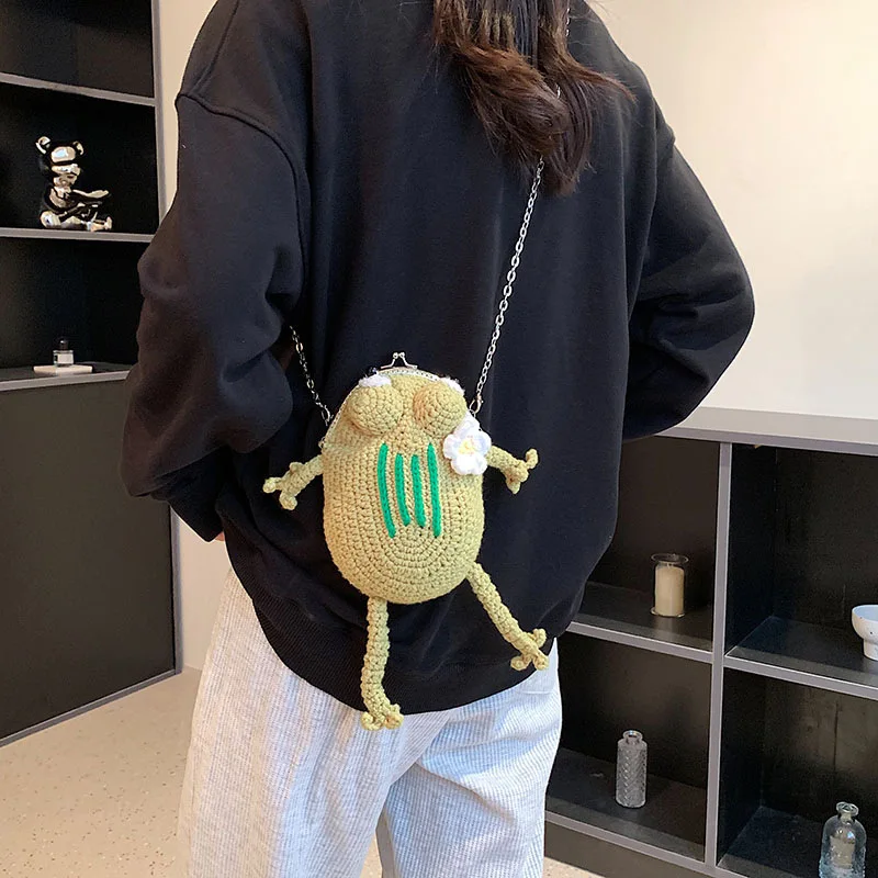 Cute Frog Shape Clip Bag Funny Cartoon Girl Mini Knitting Messenger Bag  Chain Single Shoulder Crossbody Bag For Women 2023