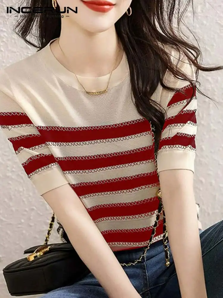 ZANZEA Summer Women Short Sleeve Blouse Korean Fashion Lace Stripes Tops Shirt 2024 Simple Loose Tunic Holiday Round Neck Tops