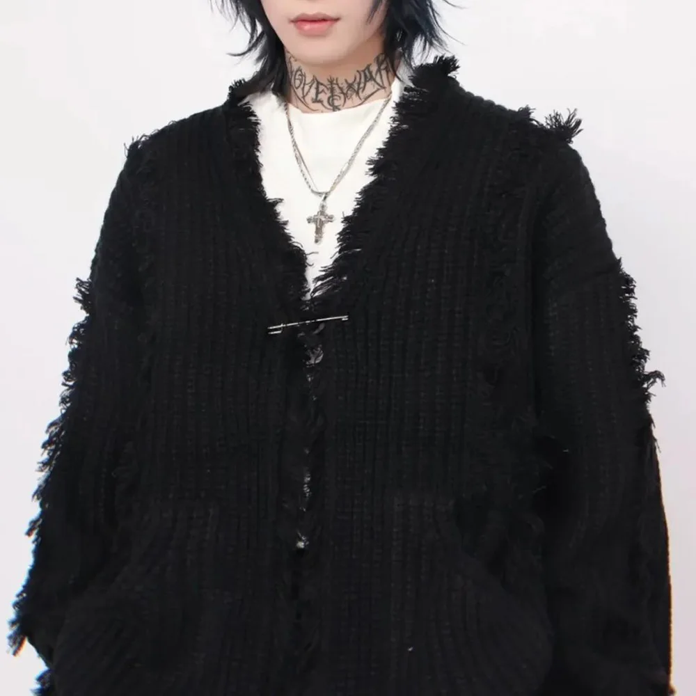 Y2k Mens Sweater Irregular Tassel Design Knitted Jacket Autumn Casual Versatile Atmosphere Solid Color Top Men\'s Clothing Unisex