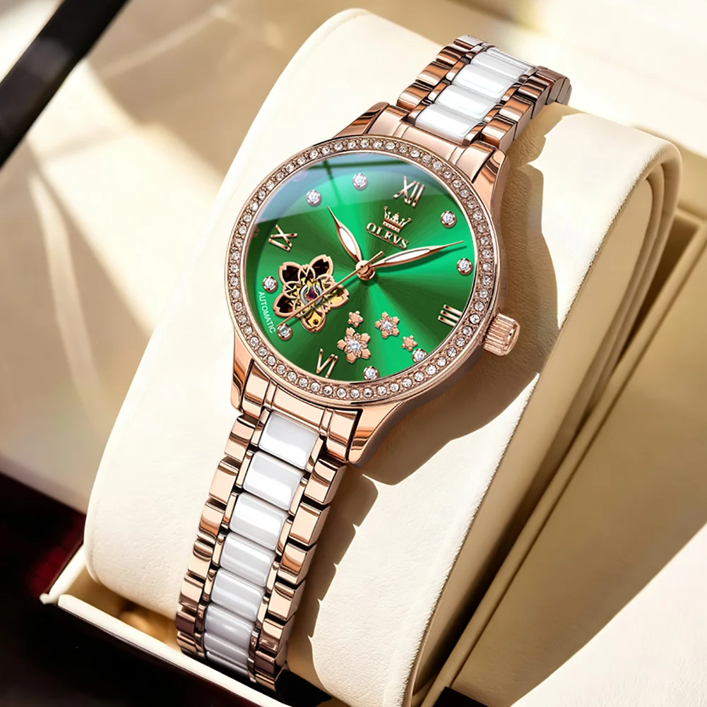 OLEVS Ladies Rose Gold Automatic Mechanical Watch Diamond Hollow Floral Dial Ceramic Band Waterproof Luxury Women Wristwatch