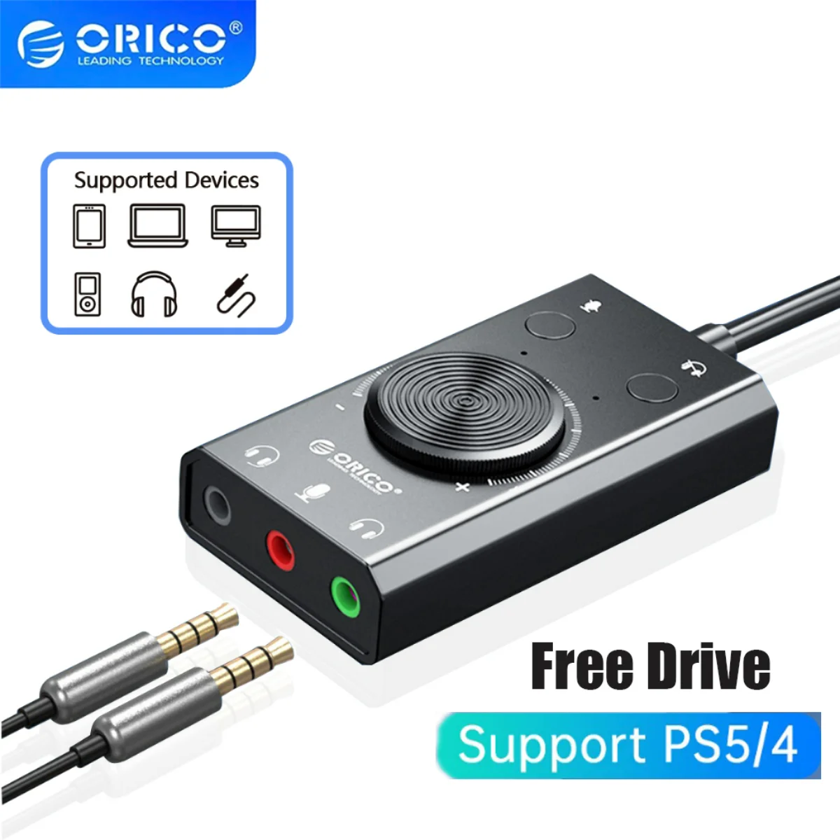 

ORICO SC2 External USB Sound Card Audio Jack 3.5mm Cable Adapter Volume Adjustment Driver-free Stereo Microphone Speaker Headset